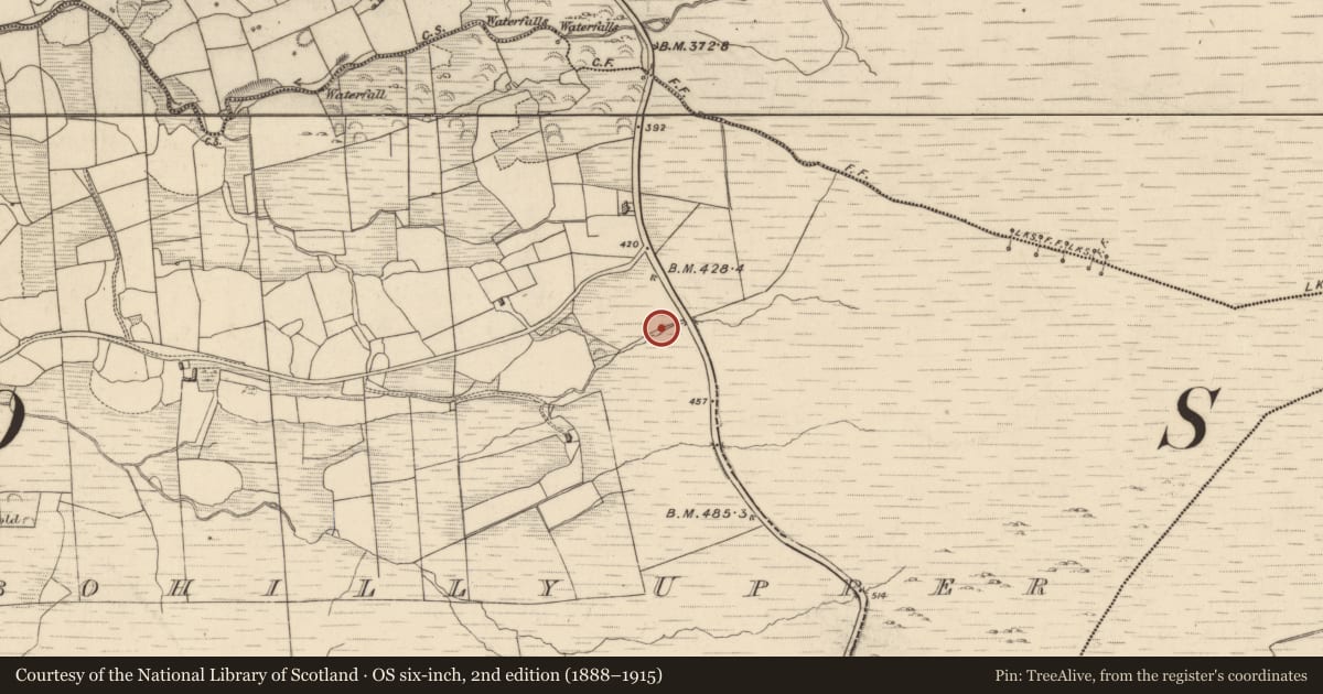 Ordnance Survey six-inch map, 2nd edition (1888–1915) covering the location of Fulacht fia, Drombohilly Upper, County Kerry, with a pin at the register's coordinates