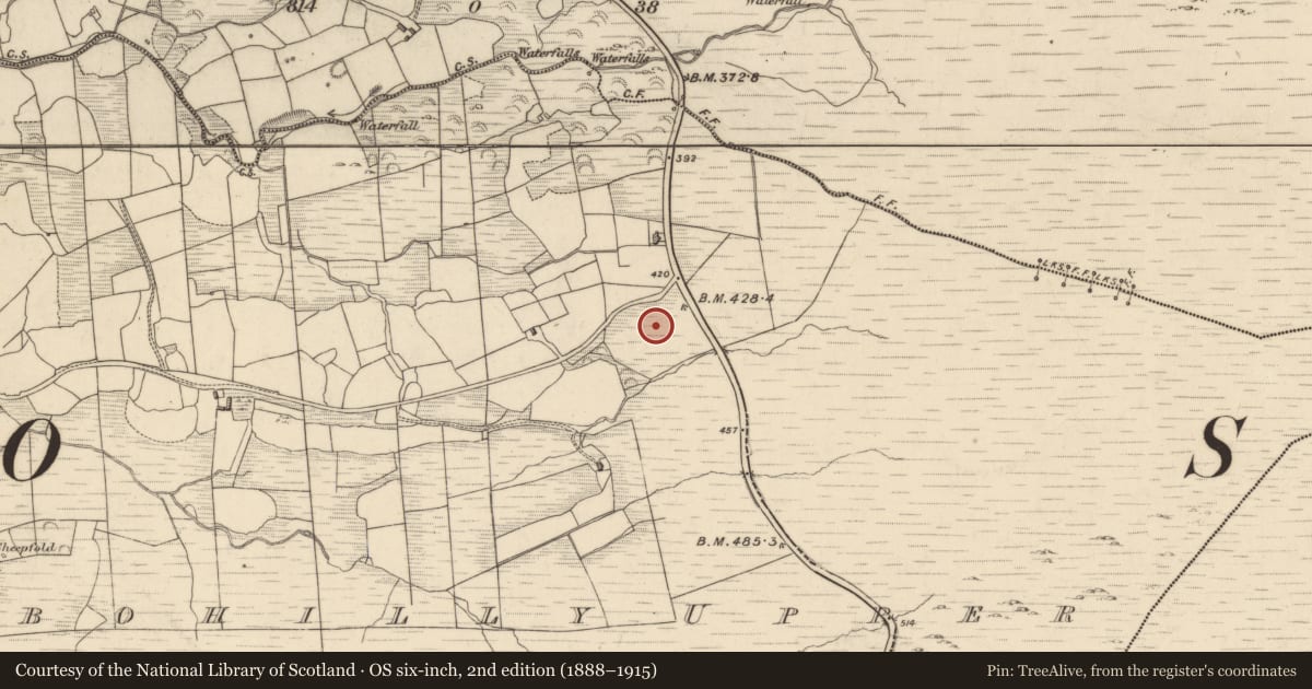 Ordnance Survey six-inch map, 2nd edition (1888–1915) covering the location of Burnt spread, Drombohilly Upper, County Kerry, with a pin at the register's coordinates