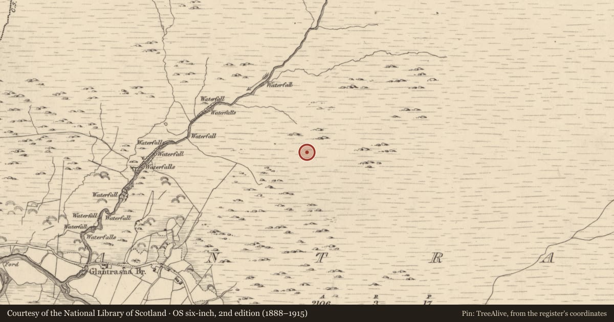 Ordnance Survey six-inch map, 2nd edition (1888–1915) covering the location of Field boundary, Glantrasna, County Kerry, with a pin at the register's coordinates
