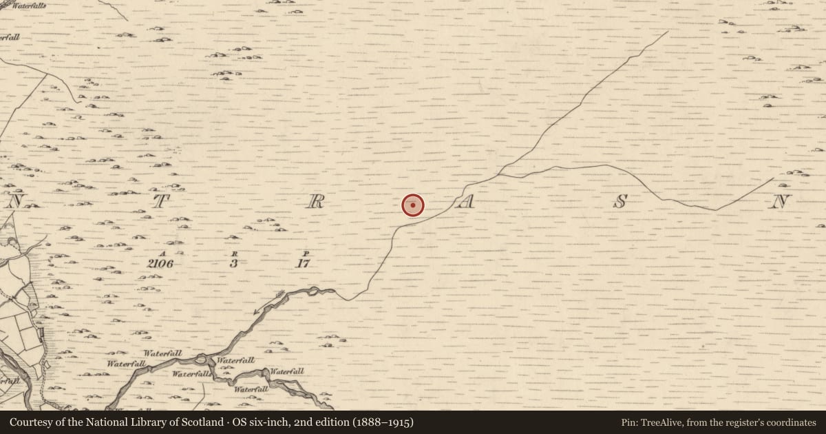 Ordnance Survey six-inch map, 2nd edition (1888–1915) covering the location of Hut site, Glantrasna, County Kerry, with a pin at the register's coordinates