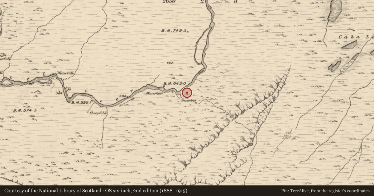 Ordnance Survey six-inch map, 2nd edition (1888–1915) covering the location of Enclosure, Glanrastel, County Kerry, with a pin at the register's coordinates