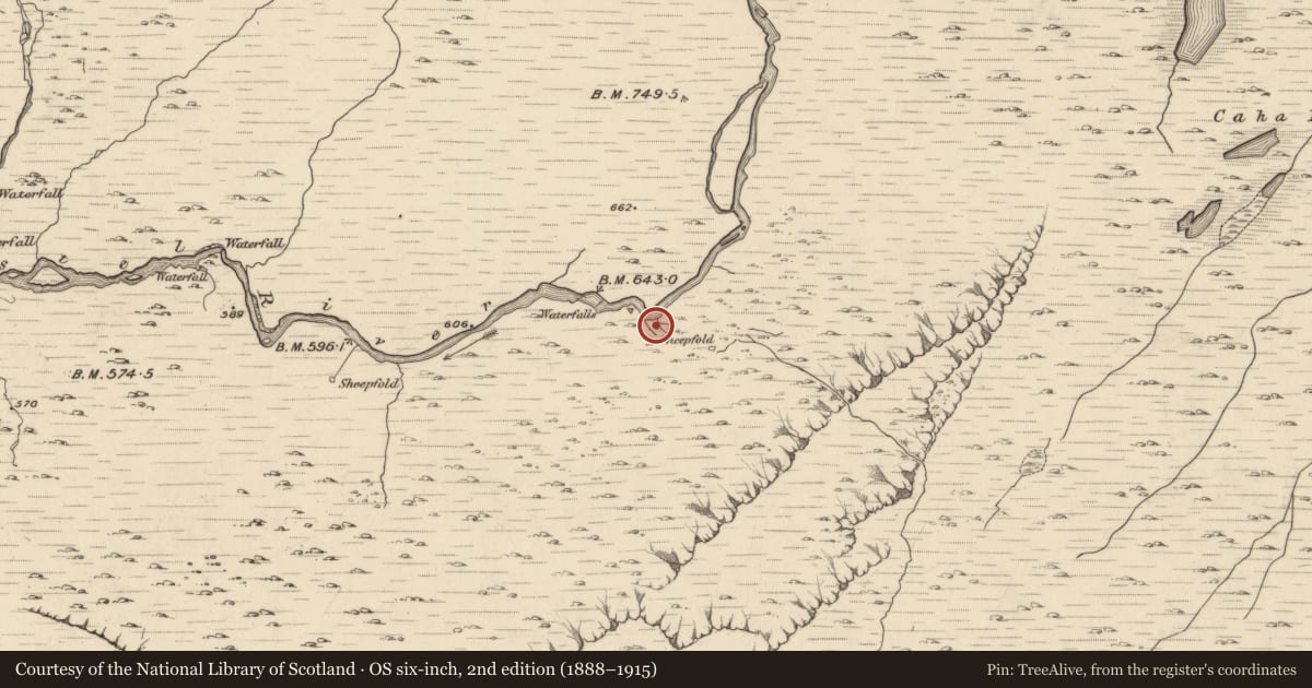 Ordnance Survey six-inch map, 2nd edition (1888–1915) covering the location of Fulacht fia, Glanrastel, County Kerry, with a pin at the register's coordinates