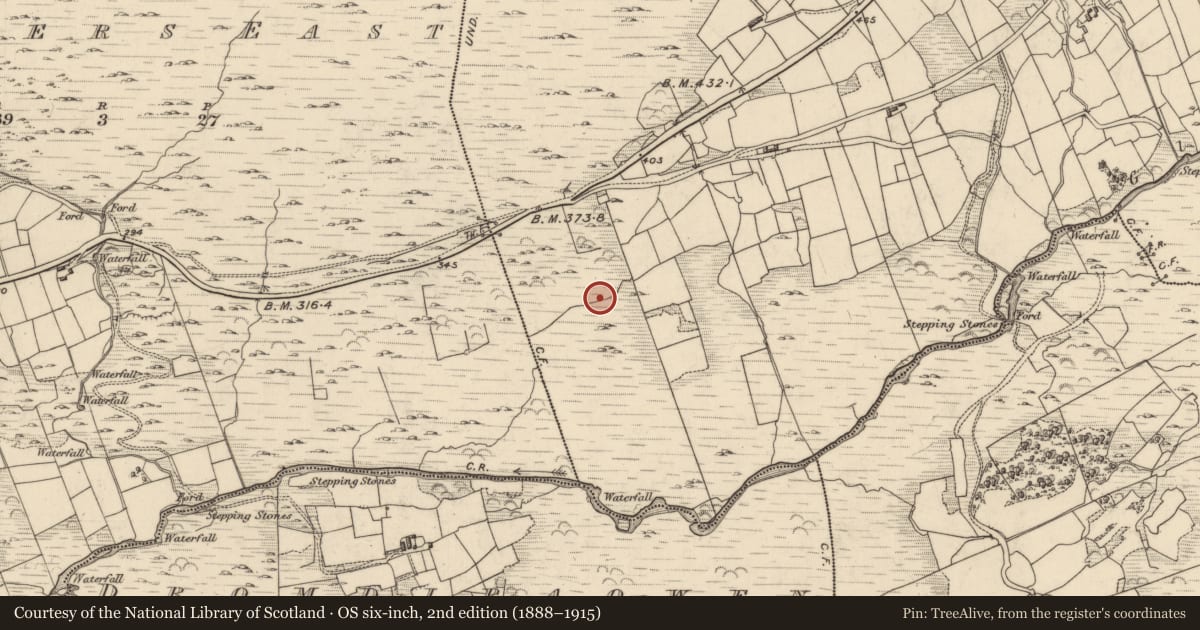 Ordnance Survey six-inch map, 2nd edition (1888–1915) covering the location of Burnt spread, Garranes, County Kerry, with a pin at the register's coordinates