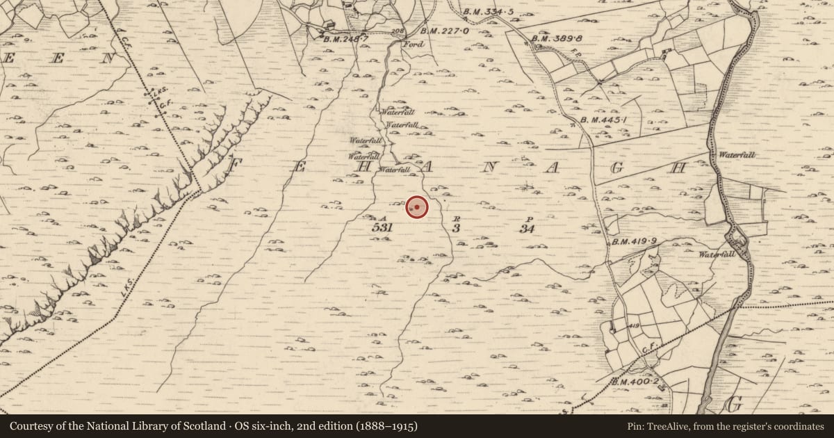 Ordnance Survey six-inch map, 2nd edition (1888–1915) covering the location of Fulacht fia, Fehanagh, County Kerry, with a pin at the register's coordinates