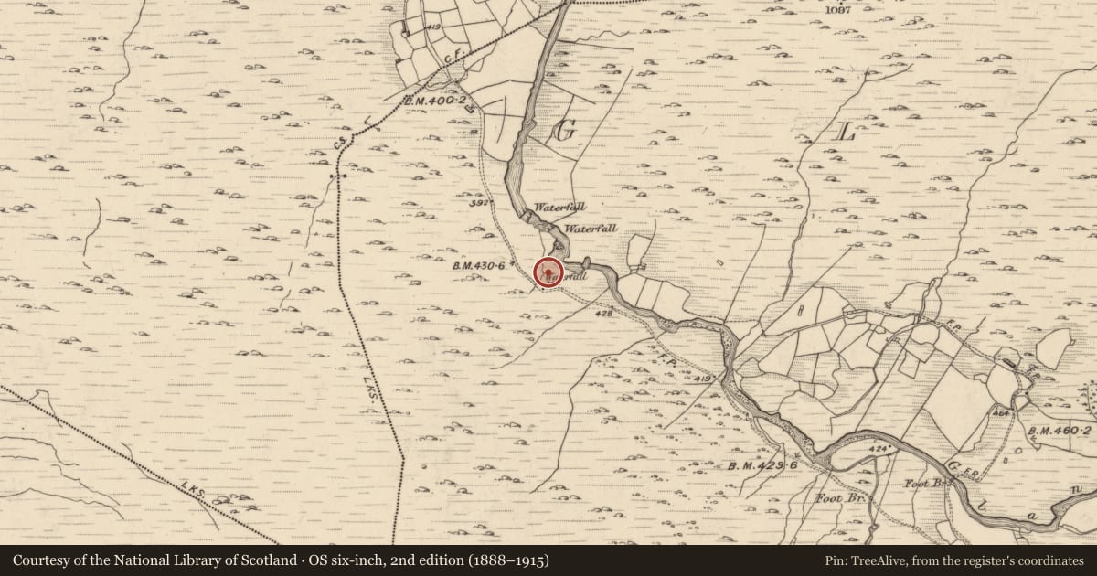Ordnance Survey six-inch map, 2nd edition (1888–1915) covering the location of Fulacht fia, Glanrastel, County Kerry, with a pin at the register's coordinates