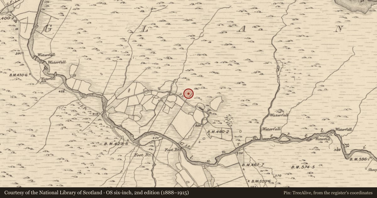 Ordnance Survey six-inch map, 2nd edition (1888–1915) covering the location of Hut site, Glanrastel, County Kerry, with a pin at the register's coordinates