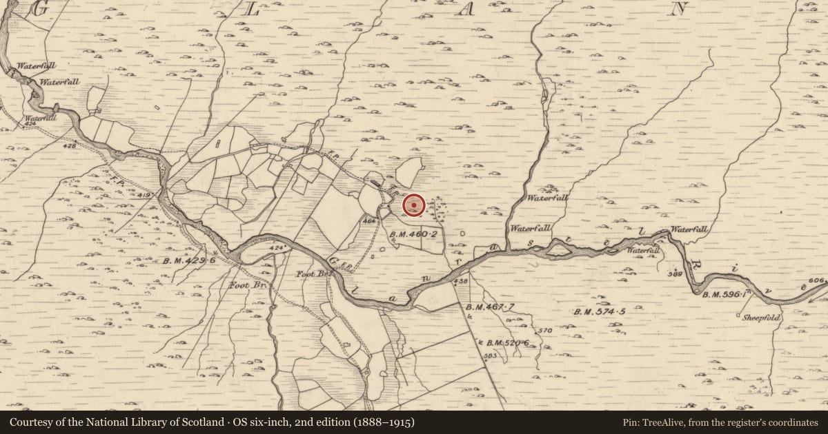 Ordnance Survey six-inch map, 2nd edition (1888–1915) covering the location of Enclosure, Glanrastel, County Kerry, with a pin at the register's coordinates