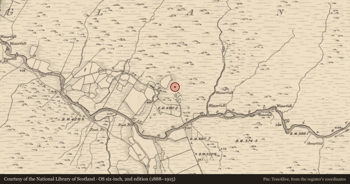 Ordnance Survey six-inch map, 2nd edition (1888–1915) covering the location of Hut site, Glanrastel, County Kerry, with a pin at the register's coordinates