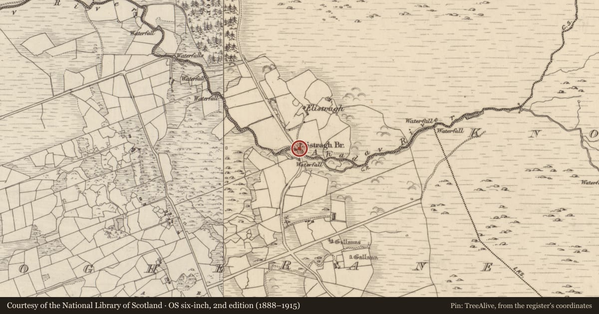 Ordnance Survey six-inch map, 2nd edition (1888–1915) covering the location of Bridge, Clogherane, Creeveen, County Kerry, with a pin at the register's coordinates