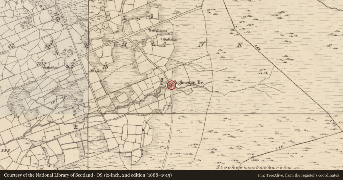 Ordnance Survey six-inch map, 2nd edition (1888–1915) covering the location of Bridge, Clogherane, County Kerry, with a pin at the register's coordinates