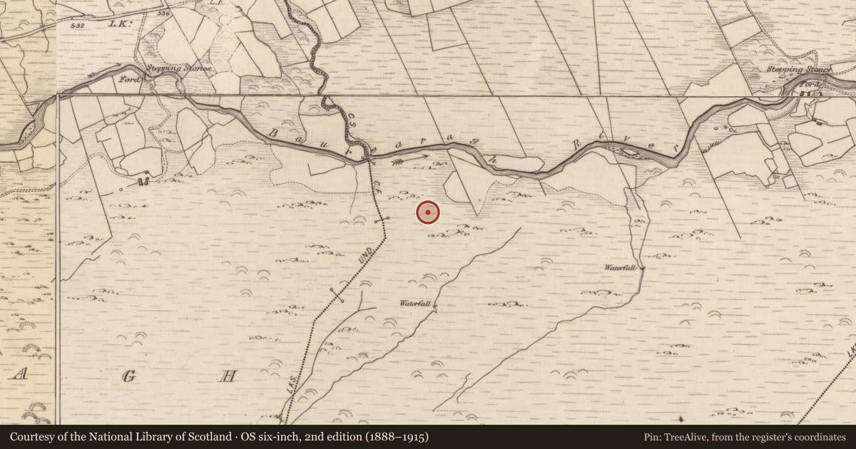 Ordnance Survey six-inch map, 2nd edition (1888–1915) covering the location of Bullaun stone, Inishfoyle, County Kerry, with a pin at the register's coordinates