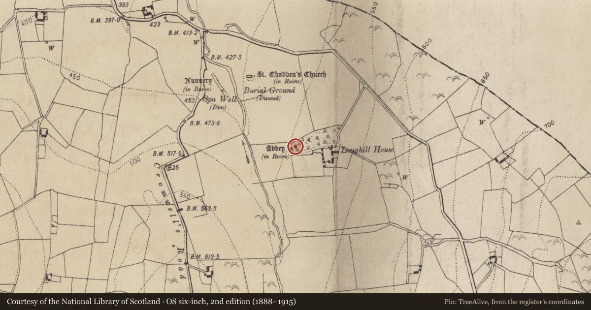 Ordnance Survey six-inch map, 2nd edition (1888–1915) covering the location of Religious house - unclassified, Loughill, County Kilkenny, with a pin at the register's coordinates