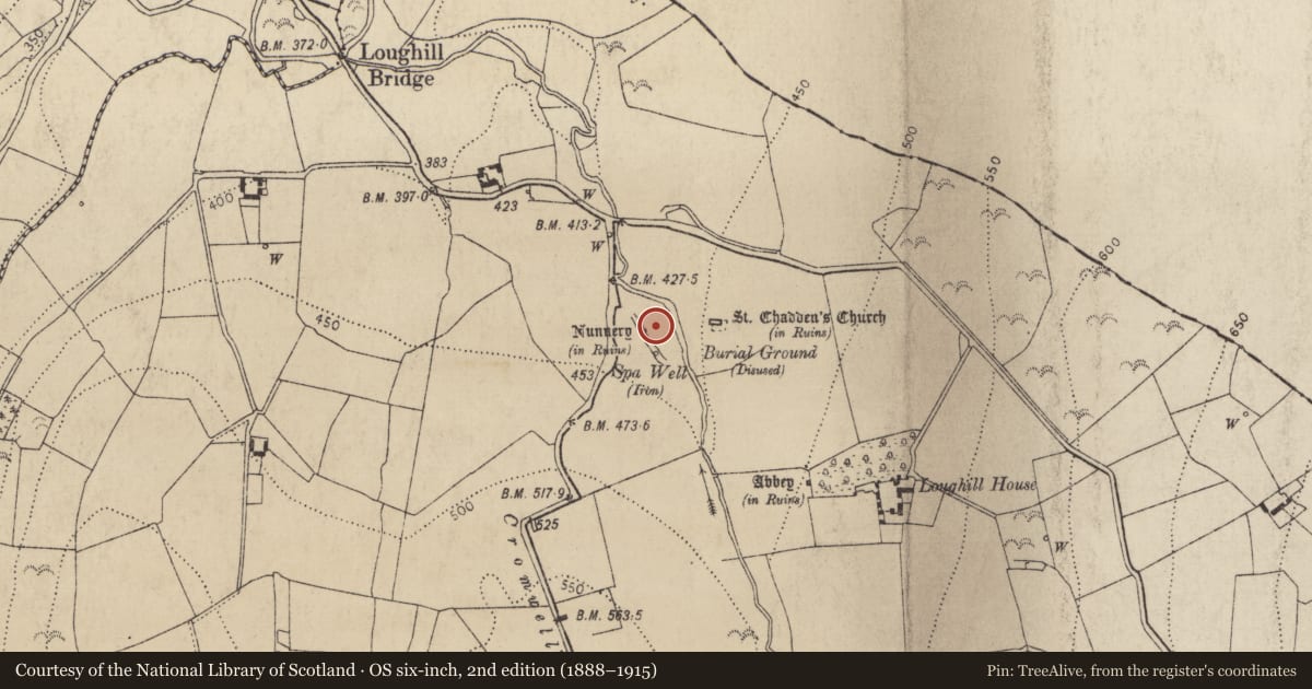 Ordnance Survey six-inch map, 2nd edition (1888–1915) covering the location of Mill - unclassified, Loughill, County Kilkenny, with a pin at the register's coordinates