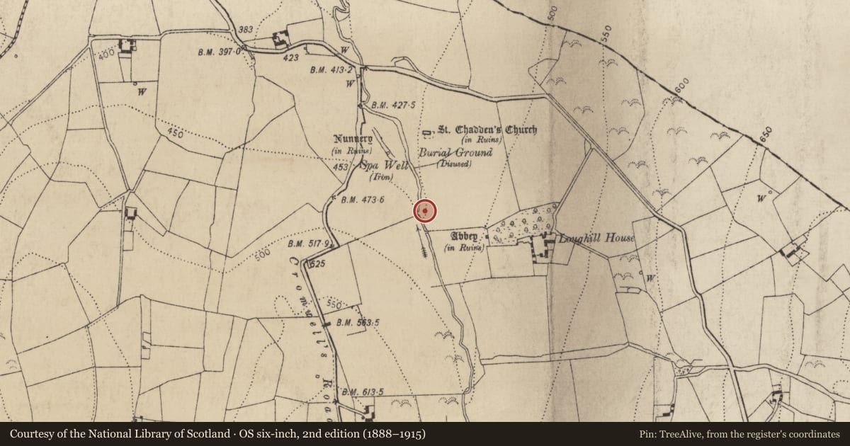 Ordnance Survey six-inch map, 2nd edition (1888–1915) covering the location of Bridge, Loughill, County Kilkenny, with a pin at the register's coordinates