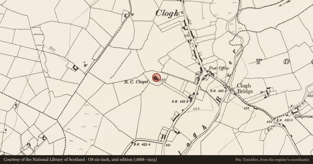 Ordnance Survey six-inch map, 2nd edition (1888–1915) covering the location of Graveyard, Clogh, County Kilkenny, with a pin at the register's coordinates
