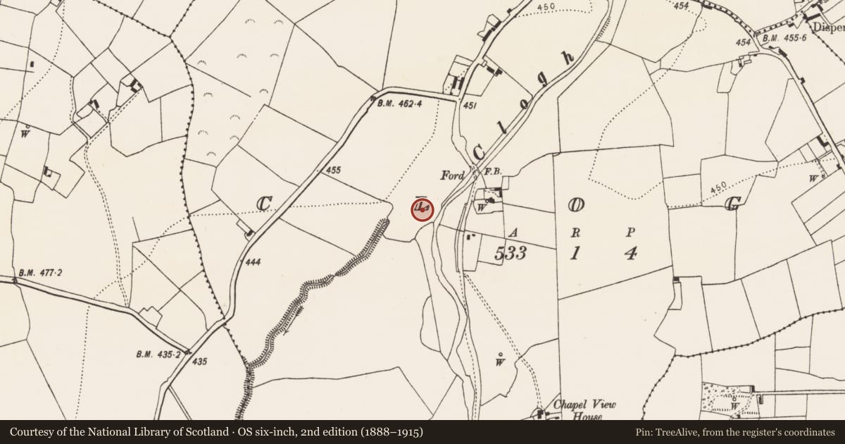 Ordnance Survey six-inch map, 2nd edition (1888–1915) covering the location of Ring-ditch, Clogh, County Kilkenny, with a pin at the register's coordinates