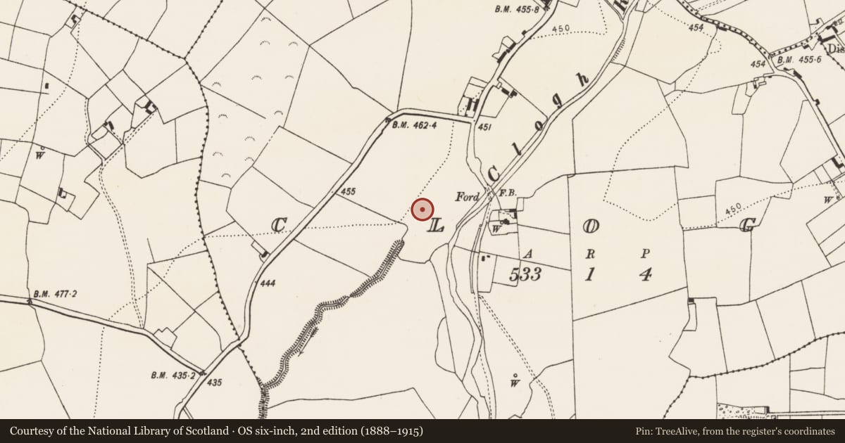 Ordnance Survey six-inch map, 2nd edition (1888–1915) covering the location of Enclosure, Clogh, County Kilkenny, with a pin at the register's coordinates