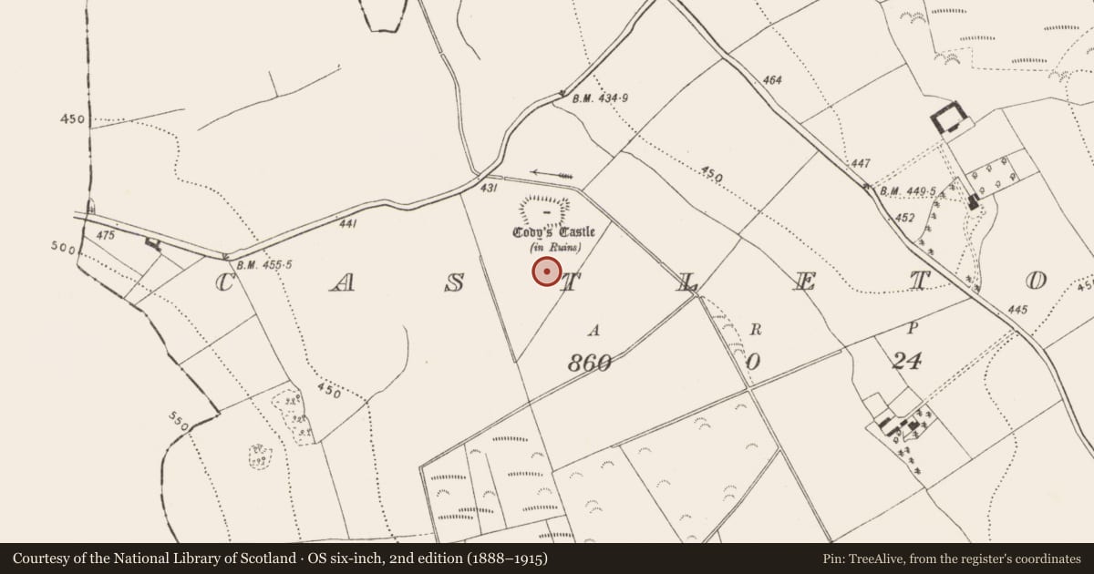 Ordnance Survey six-inch map, 2nd edition (1888–1915) covering the location of Mound, Castletown, County Kilkenny, with a pin at the register's coordinates