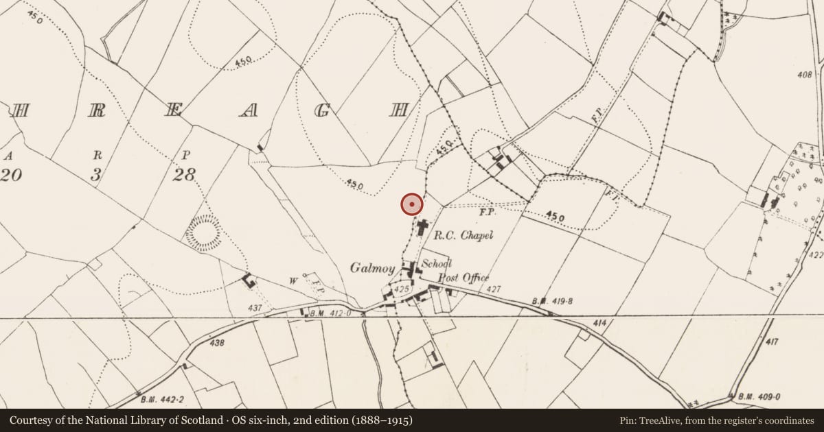 Ordnance Survey six-inch map, 2nd edition (1888–1915) covering the location of Enclosure, Rathreagh, County Kilkenny, with a pin at the register's coordinates