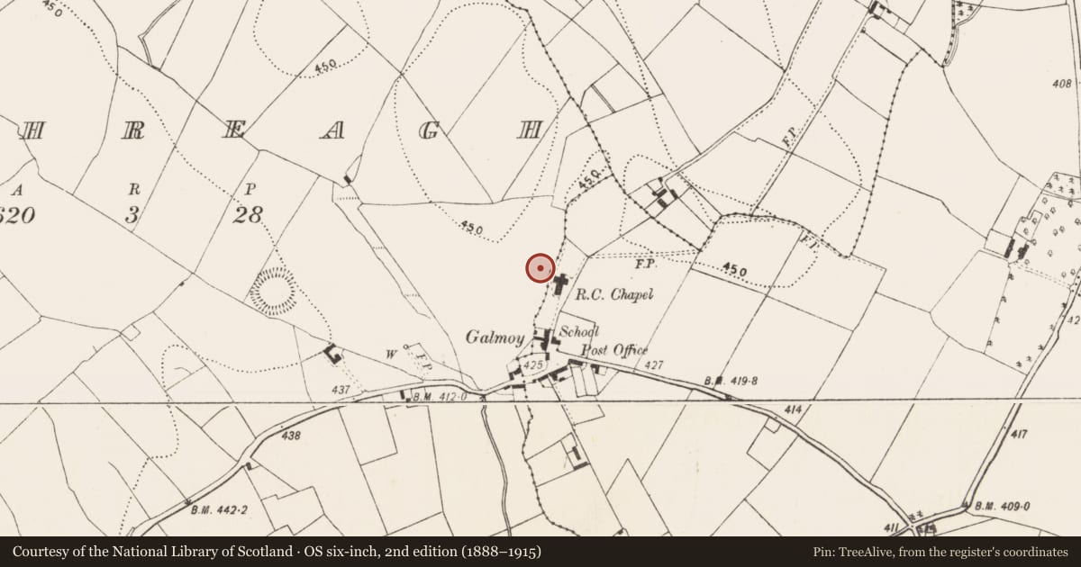 Ordnance Survey six-inch map, 2nd edition (1888–1915) covering the location of Enclosure, Rathreagh, County Kilkenny, with a pin at the register's coordinates