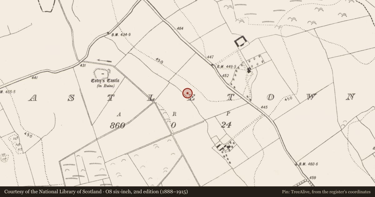 Ordnance Survey six-inch map, 2nd edition (1888–1915) covering the location of Fulacht fia, Castletown, County Kilkenny, with a pin at the register's coordinates