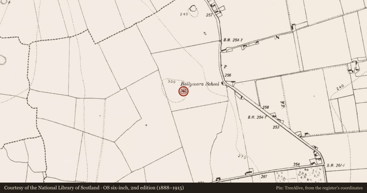Ordnance Survey six-inch map, 2nd edition (1888–1915) covering the location of Ringfort - rath, Ballyconra, County Kilkenny, with a pin at the register's coordinates