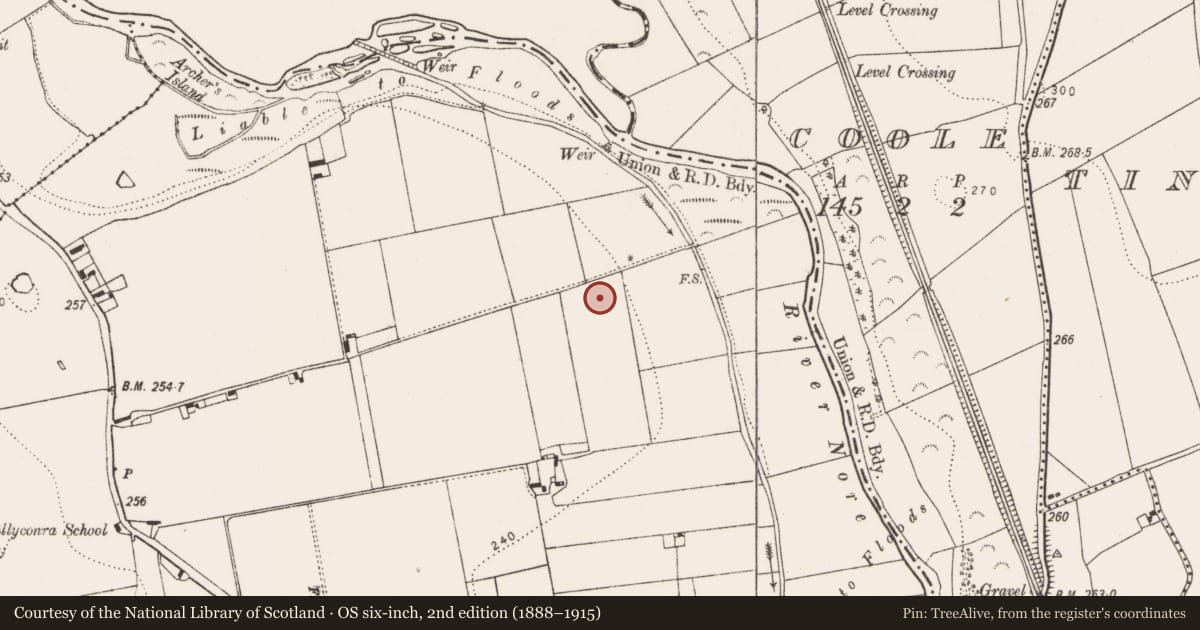 Ordnance Survey six-inch map, 2nd edition (1888–1915) covering the location of Ring-ditch, Ballyconra, County Kilkenny, with a pin at the register's coordinates