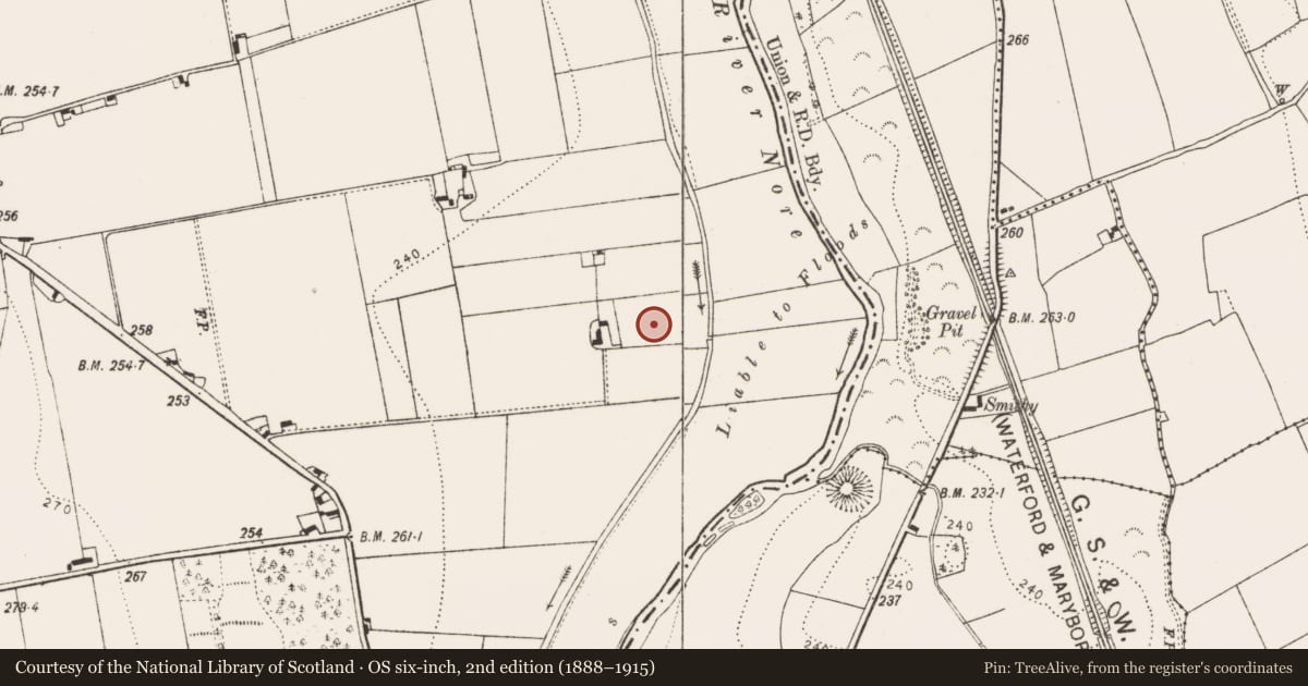 Ordnance Survey six-inch map, 2nd edition (1888–1915) covering the location of Enclosure, Ballyconra, County Kilkenny, with a pin at the register's coordinates