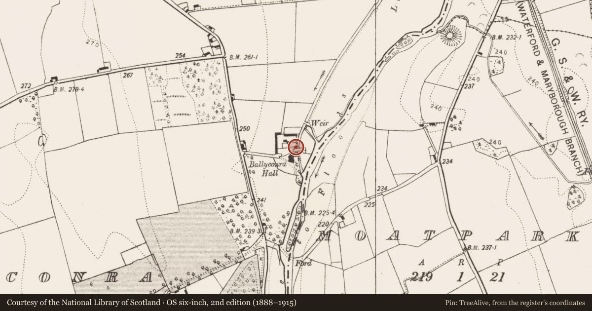 Ordnance Survey six-inch map, 2nd edition (1888–1915) covering the location of Architectural fragment, Ballyconra, County Kilkenny, with a pin at the register's coordinates