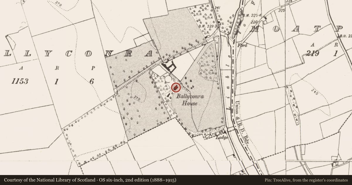 Ordnance Survey six-inch map, 2nd edition (1888–1915) covering the location of House - 17th century, Ballyconra, County Kilkenny, with a pin at the register's coordinates