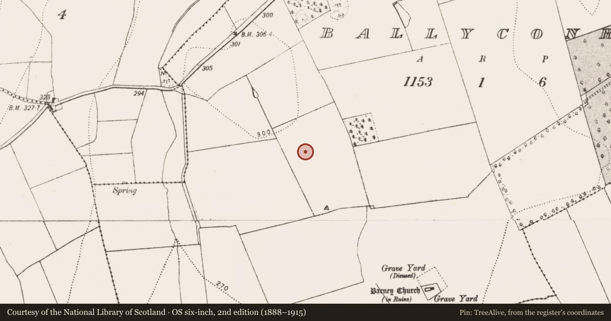 Ordnance Survey six-inch map, 2nd edition (1888–1915) covering the location of Enclosure, Ballyconra, County Kilkenny, with a pin at the register's coordinates