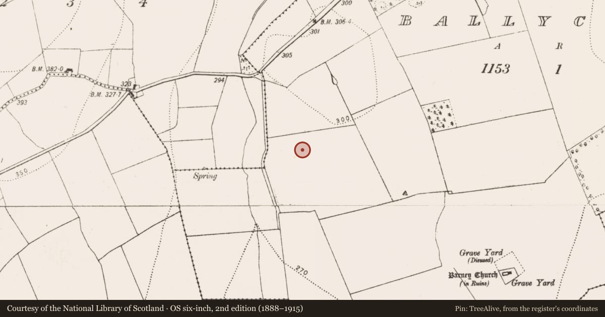 Ordnance Survey six-inch map, 2nd edition (1888–1915) covering the location of Enclosure, Ballyconra, County Kilkenny, with a pin at the register's coordinates