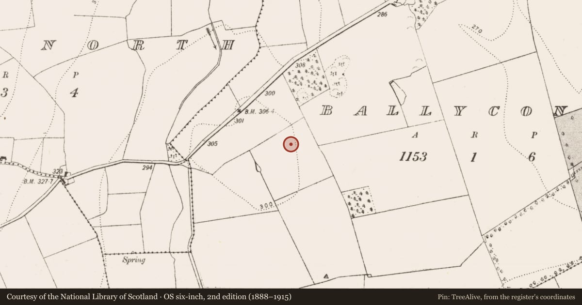 Ordnance Survey six-inch map, 2nd edition (1888–1915) covering the location of Enclosure, Ballyconra, County Kilkenny, with a pin at the register's coordinates