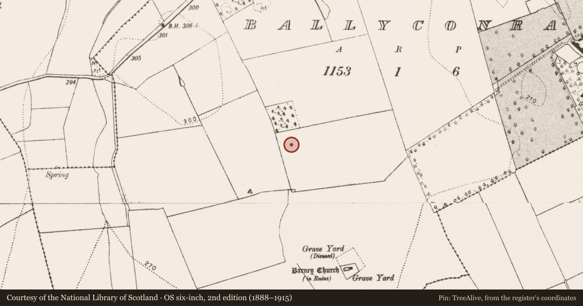 Ordnance Survey six-inch map, 2nd edition (1888–1915) covering the location of Enclosure, Ballyconra, County Kilkenny, with a pin at the register's coordinates