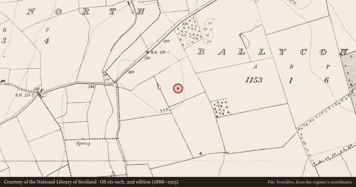 Ordnance Survey six-inch map, 2nd edition (1888–1915) covering the location of Enclosure, Ballyconra, County Kilkenny, with a pin at the register's coordinates