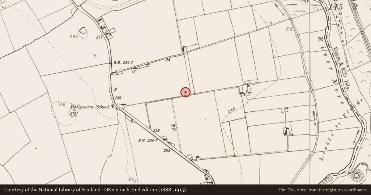 Ordnance Survey six-inch map, 2nd edition (1888–1915) covering the location of Enclosure, Ballyconra, County Kilkenny, with a pin at the register's coordinates