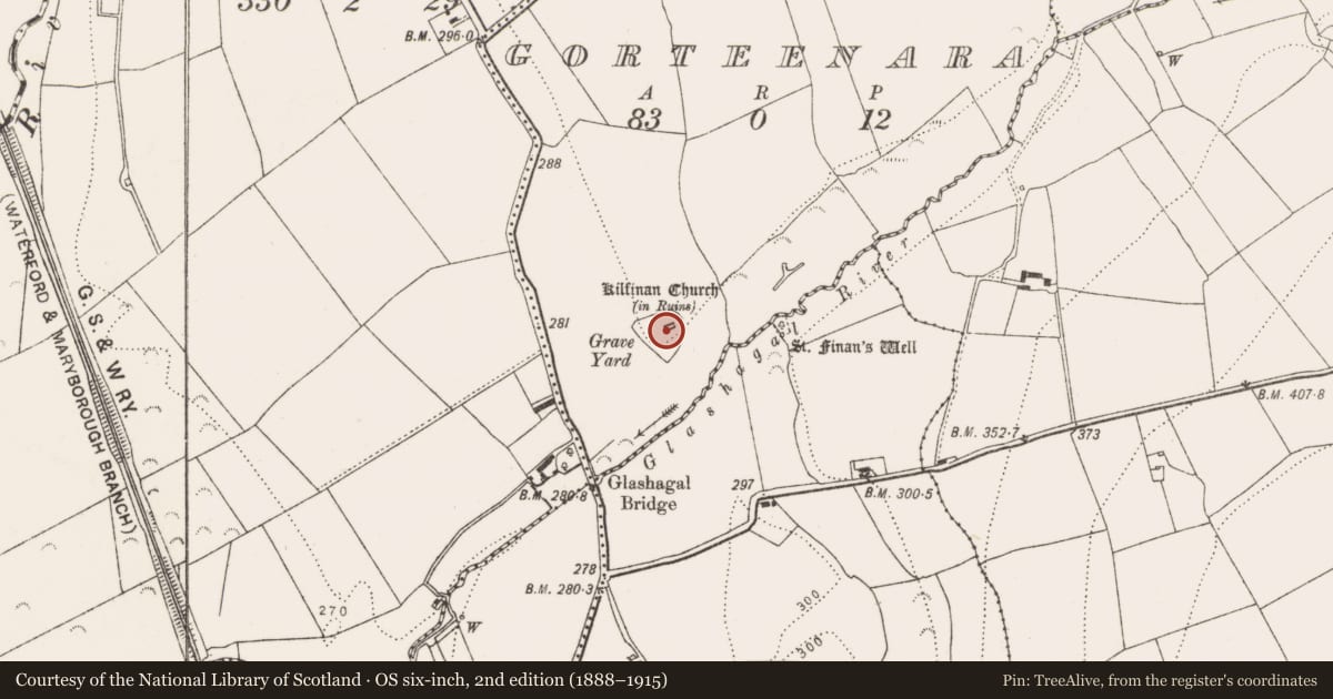 Ordnance Survey six-inch map, 2nd edition (1888–1915) covering the location of Graveyard, Gorteenara, County Kilkenny, with a pin at the register's coordinates