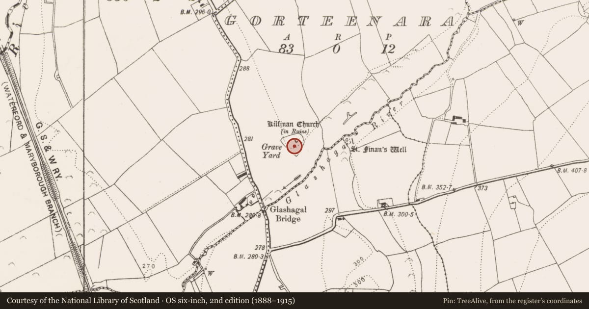 Ordnance Survey six-inch map, 2nd edition (1888–1915) covering the location of Ecclesiastical enclosure, Gorteenara, County Kilkenny, with a pin at the register's coordinates