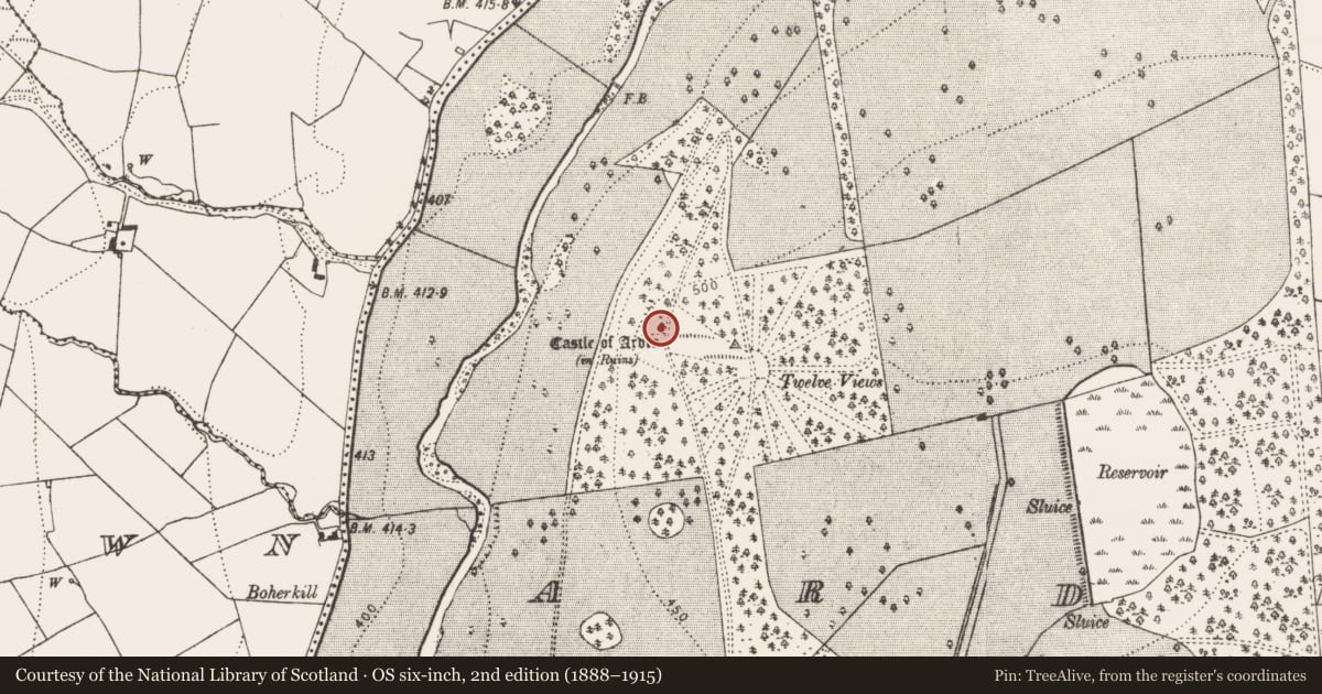 Ordnance Survey six-inch map, 2nd edition (1888–1915) covering the location of Designed landscape - folly, Ardra, County Kilkenny, with a pin at the register's coordinates