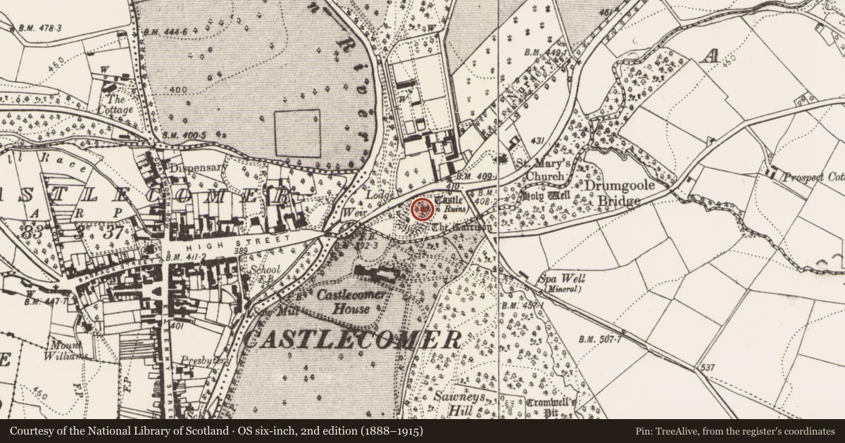 Ordnance Survey six-inch map, 2nd edition (1888–1915) covering the location of Outwork, Ardra, County Kilkenny, with a pin at the register's coordinates