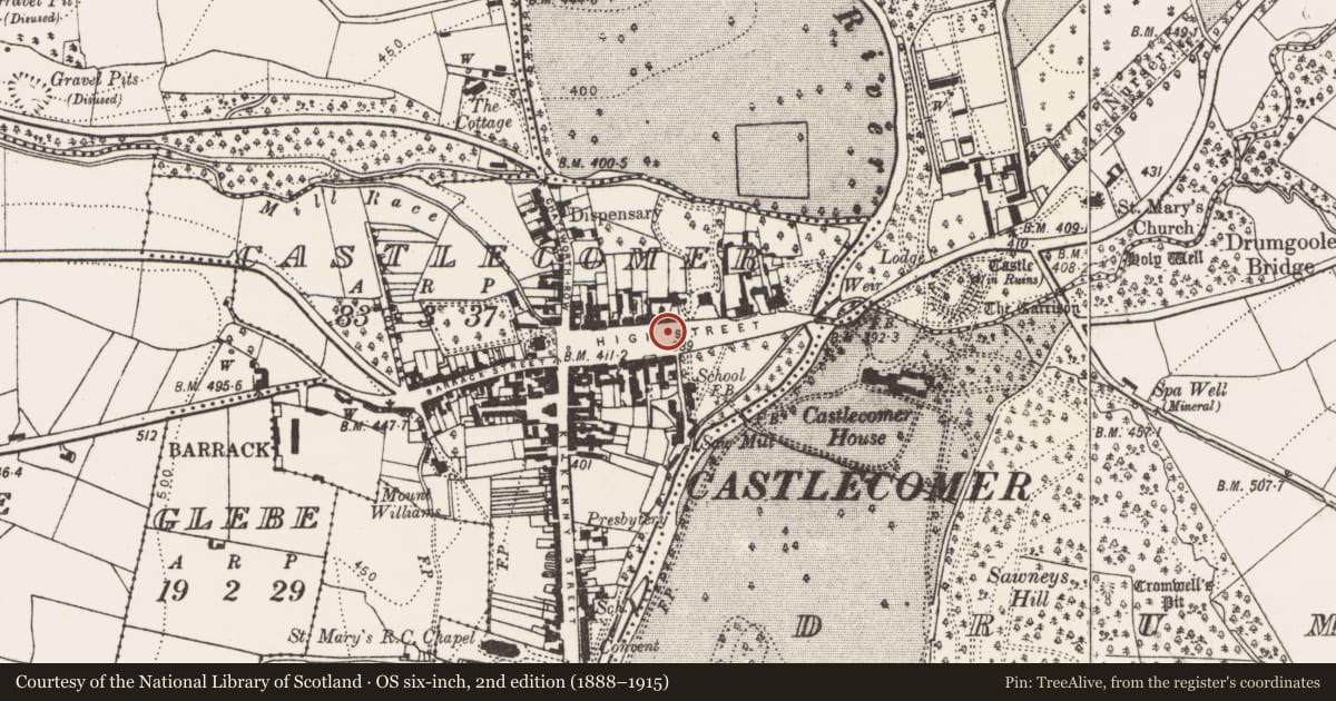 Ordnance Survey six-inch map, 2nd edition (1888–1915) covering the location of Historic town, Castlecomer, County Kilkenny, with a pin at the register's coordinates