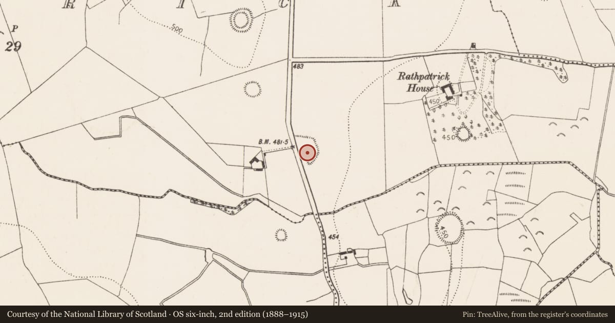 Ordnance Survey six-inch map, 2nd edition (1888–1915) covering the location of Enclosure, Rathpatrick, County Kilkenny, with a pin at the register's coordinates