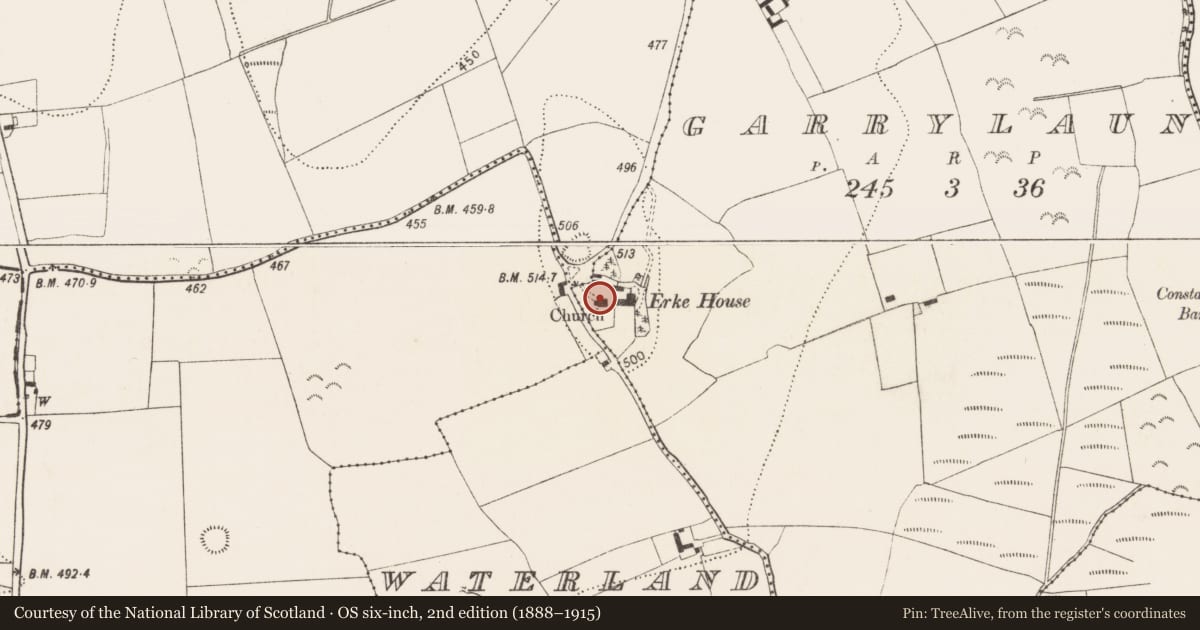 Ordnance Survey six-inch map, 2nd edition (1888–1915) covering the location of Church, Garrylaun, County Kilkenny, with a pin at the register's coordinates