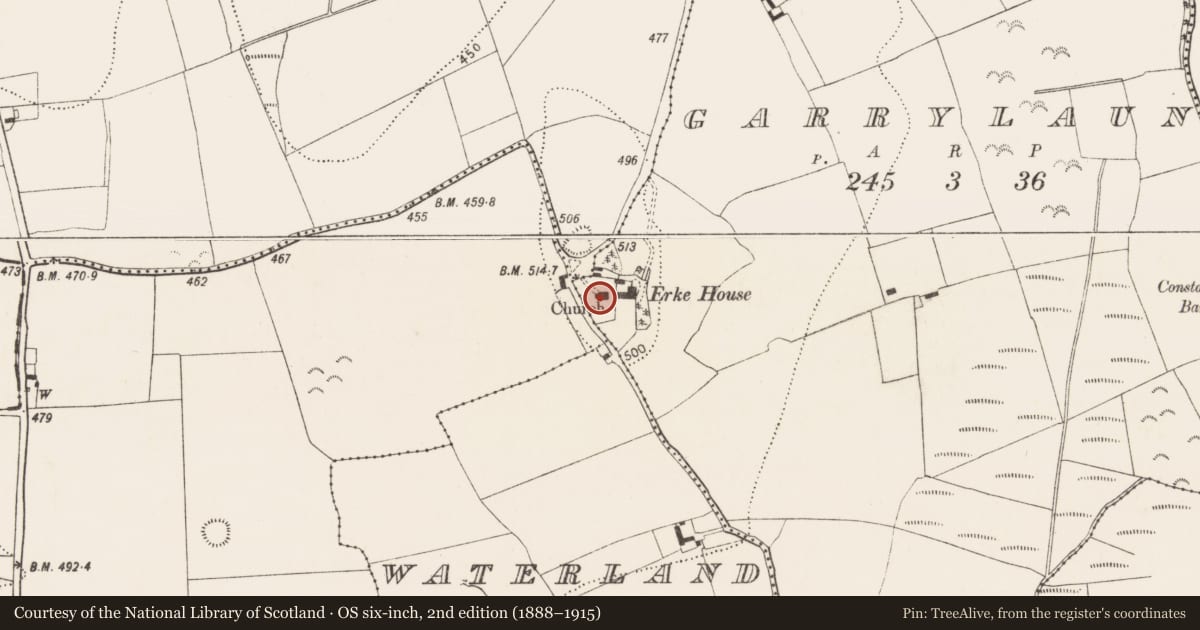 Ordnance Survey six-inch map, 2nd edition (1888–1915) covering the location of Graveslab, Garrylaun, County Kilkenny, with a pin at the register's coordinates