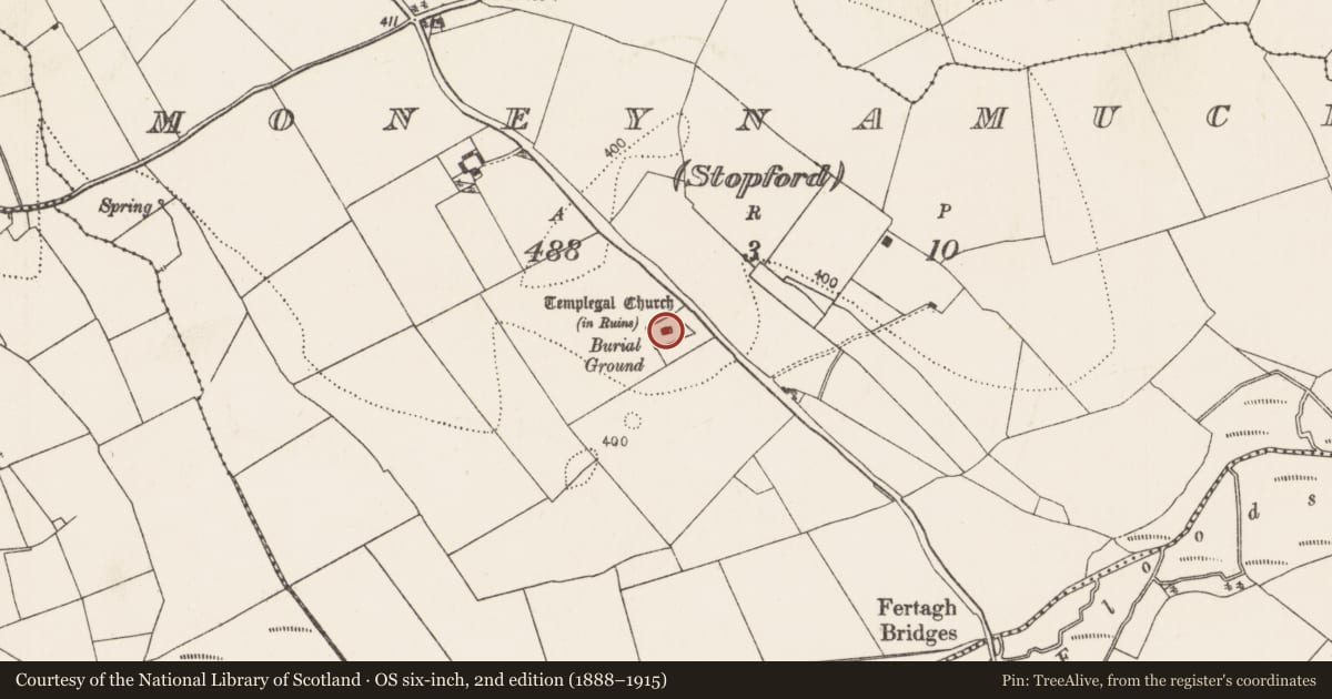 Ordnance Survey six-inch map, 2nd edition (1888–1915) covering the location of Church, Moneynamuck (Stopford), County Kilkenny, with a pin at the register's coordinates