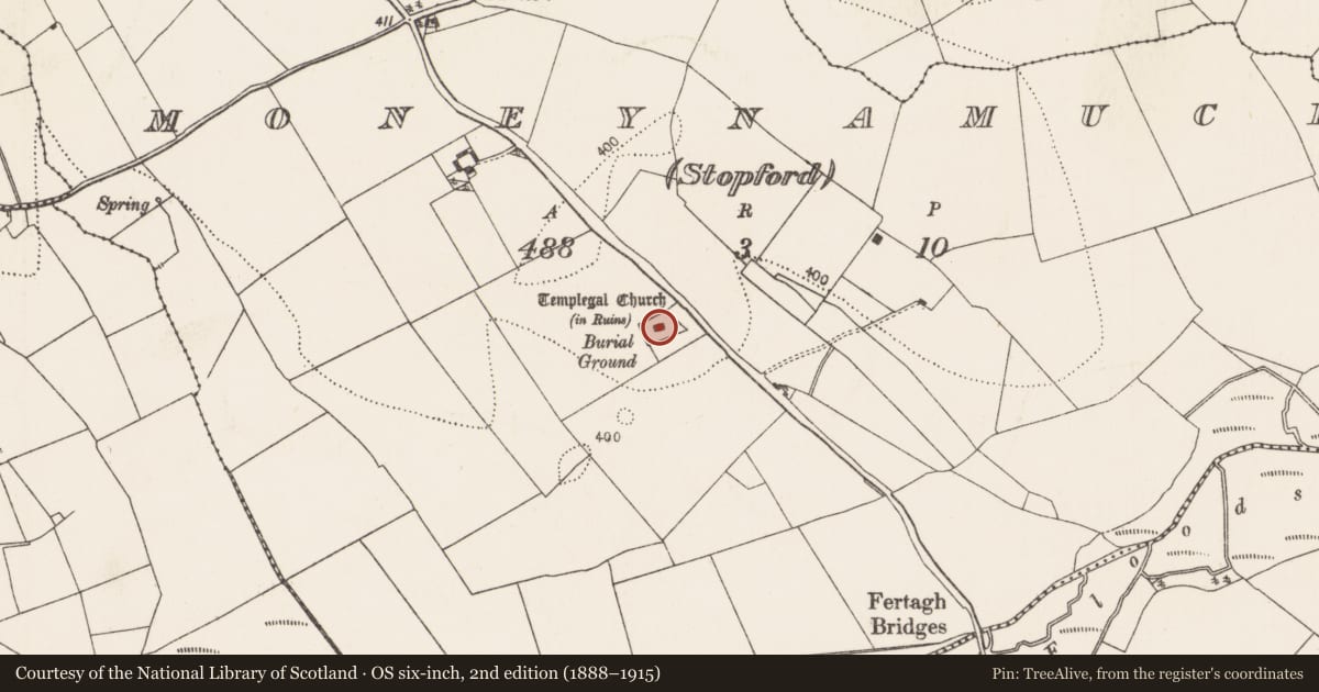 Ordnance Survey six-inch map, 2nd edition (1888–1915) covering the location of Graveyard, Moneynamuck (Stopford), County Kilkenny, with a pin at the register's coordinates