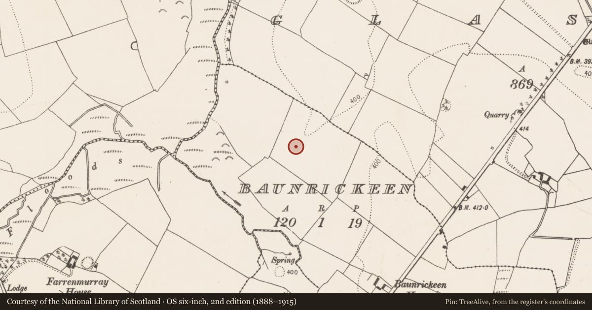 Ordnance Survey six-inch map, 2nd edition (1888–1915) covering the location of Enclosure, Baunrickeen, County Kilkenny, with a pin at the register's coordinates