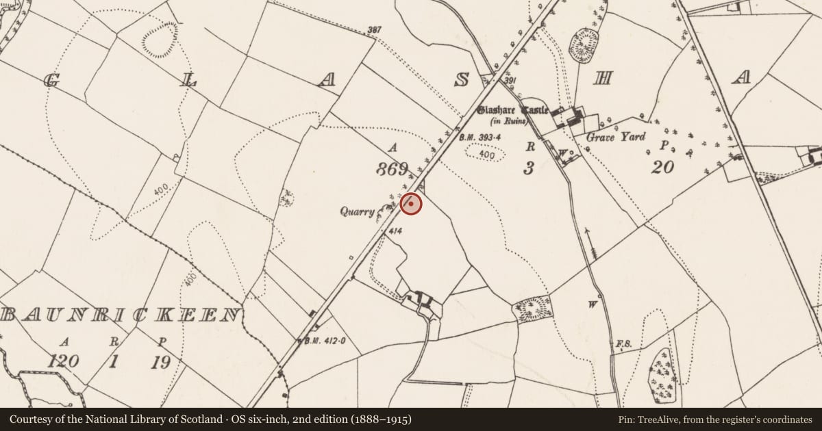 Ordnance Survey six-inch map, 2nd edition (1888–1915) covering the location of Enclosure, Glashare, County Kilkenny, with a pin at the register's coordinates