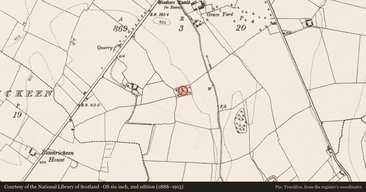Ordnance Survey six-inch map, 2nd edition (1888–1915) covering the location of Ringfort - rath, Glashare, County Kilkenny, with a pin at the register's coordinates