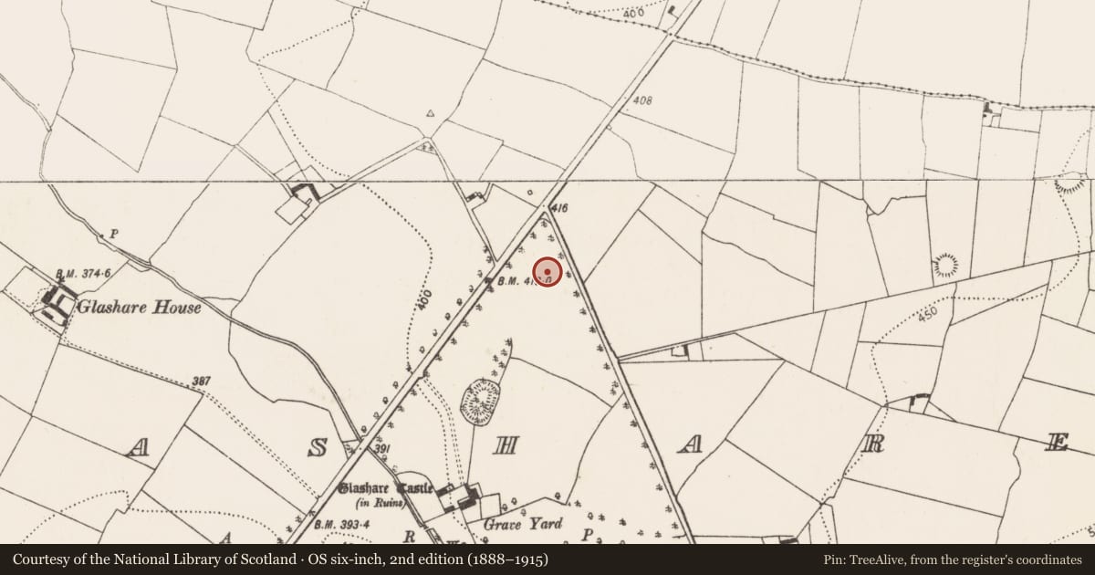 Ordnance Survey six-inch map, 2nd edition (1888–1915) covering the location of Enclosure, Glashare, County Kilkenny, with a pin at the register's coordinates